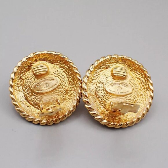 CHANEL CC Imitation Pearl Round Button Earrings Clip-On Gold France - Picture 9 of 16